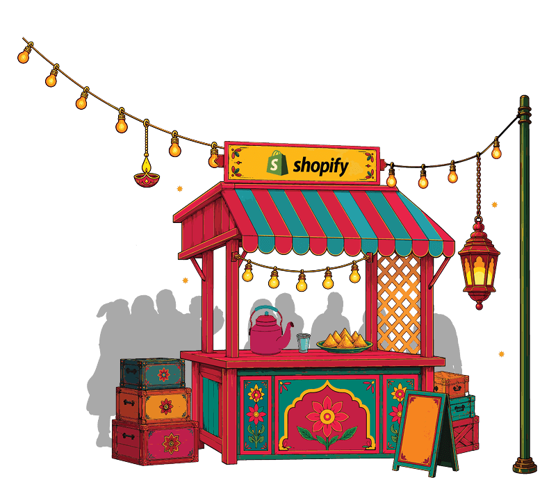A colorful Indian market stall decorated for Shop Quest